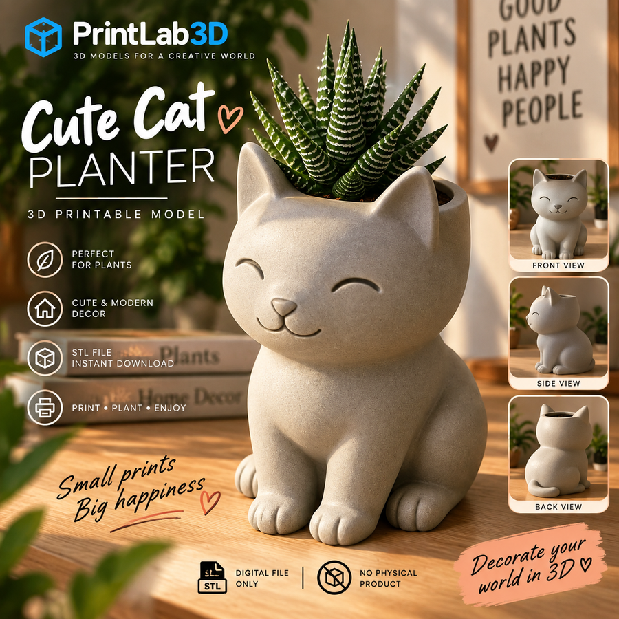Cute Cat Planter STL – Kawaii 3D Printable Succulent Pot