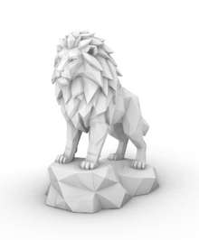 Low Poly Lion STL – 3D printable sculpture of a standing lion on a geometric rocky base.