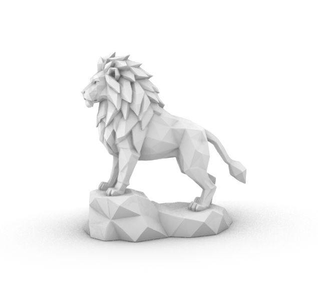 Low Poly Lion STL 3D printable sculpture of a standing lion on a geometric rocky base.