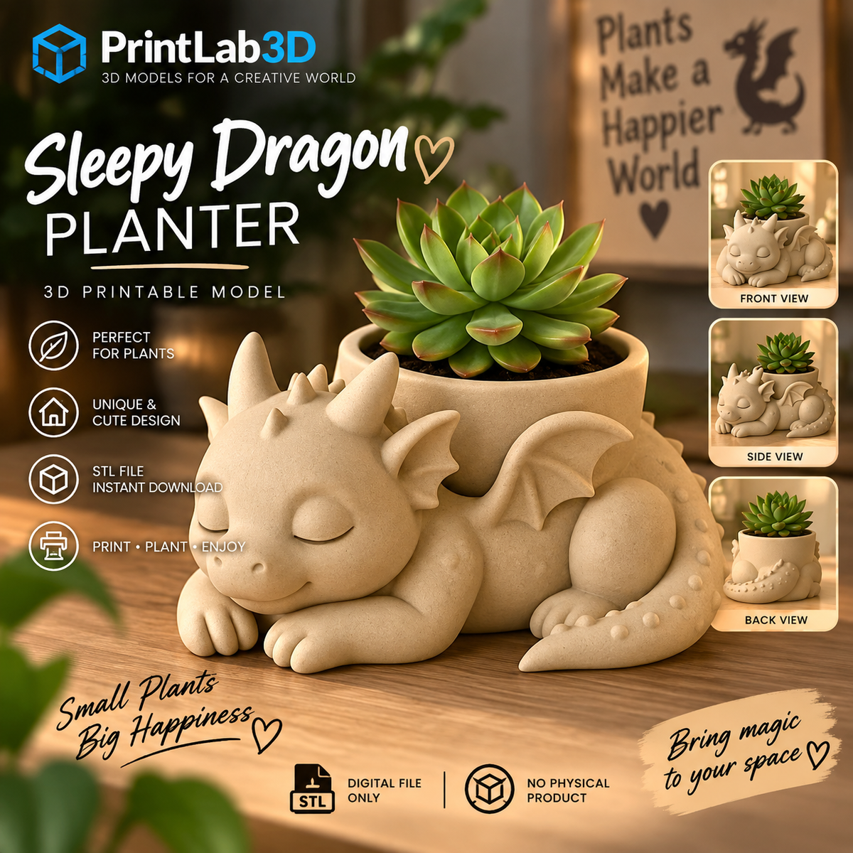 Sleeping Baby Dragon Planter STL showcasing a cute dragon design with succulent, perfect for plant lovers and 3D printing.