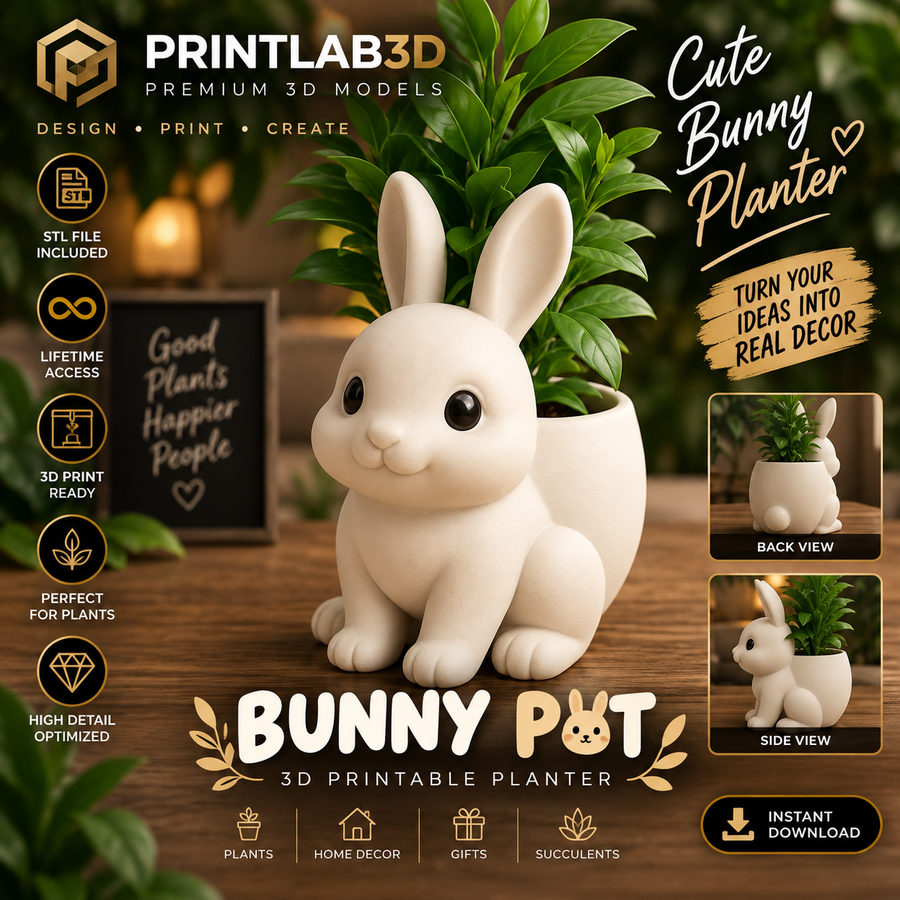 Cute Bunny Planter STL – 3D Printable Rabbit Plant Pot