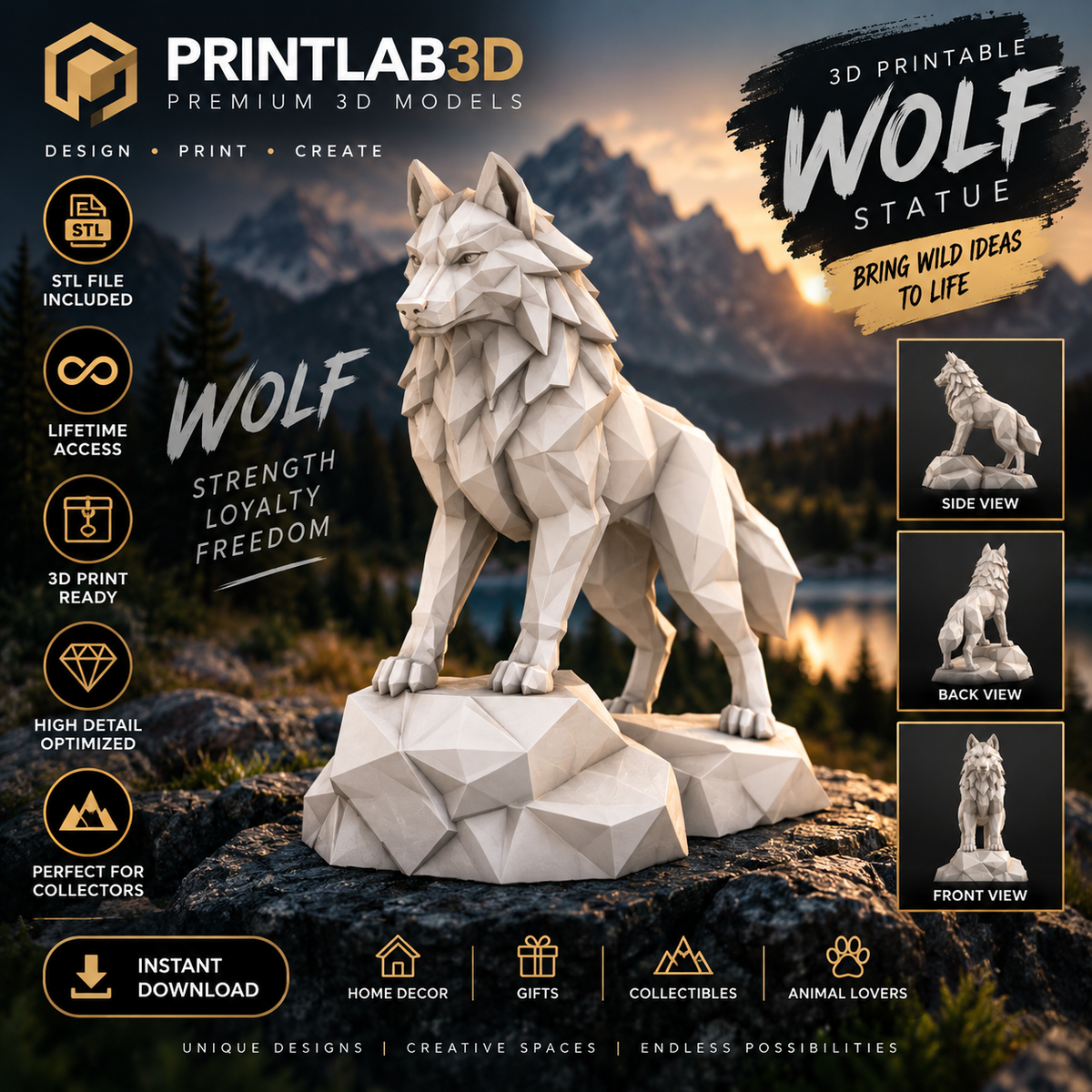 Low Poly Wolf STL – 3D Printable Wolf Sculpture