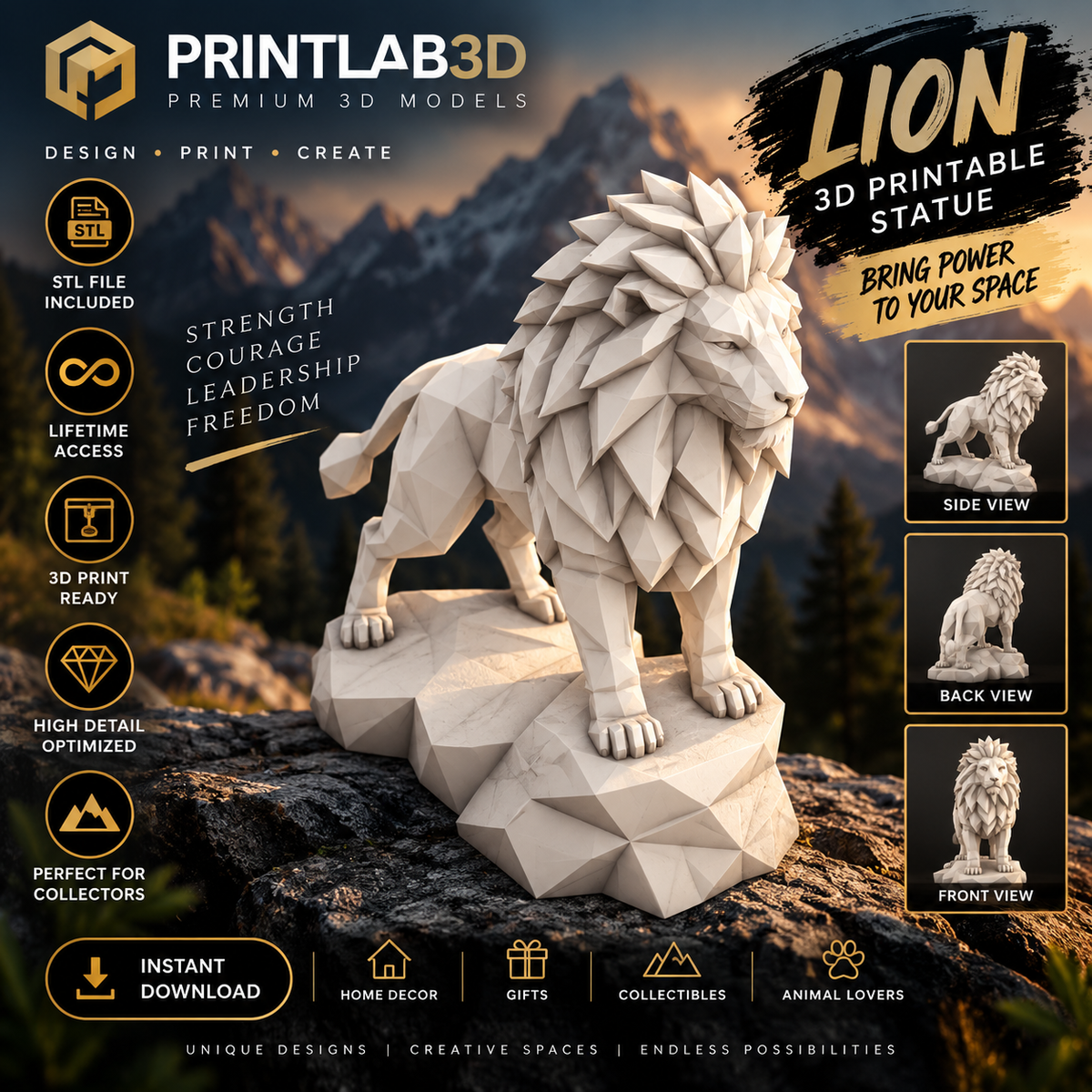 Low Poly Lion STL – 3D printable lion sculpture showcasing strength, courage, and leadership on a geometric base.