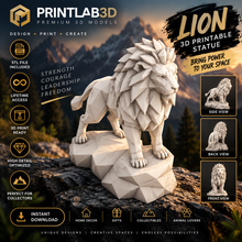 Low Poly Lion STL – 3D printable lion sculpture showcasing strength, courage, and leadership on a geometric base.
