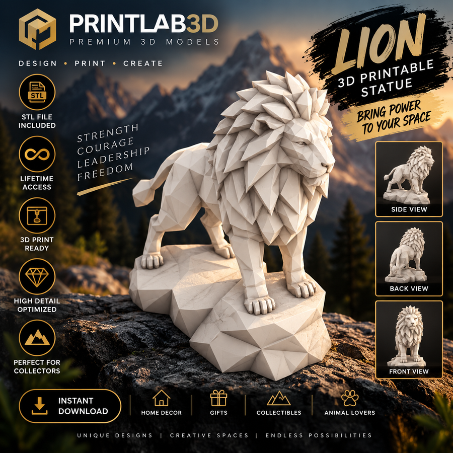 Low Poly Lion STL – 3D printable lion sculpture showcasing strength, courage, and leadership on a geometric base.