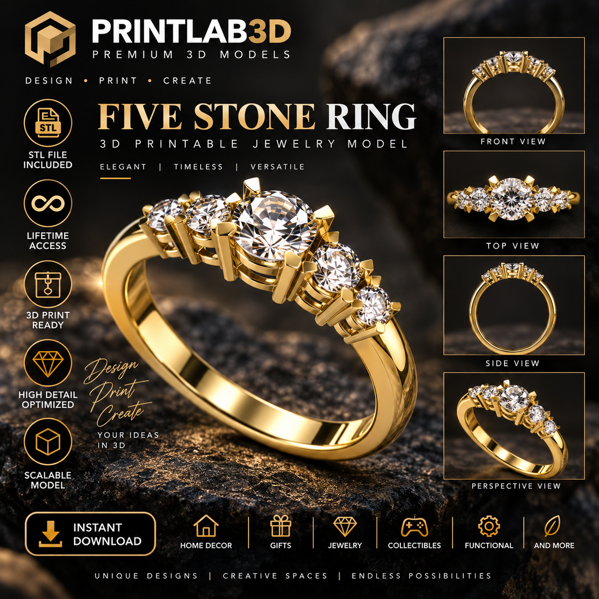 Five Stone Ring STL – 3D Printable Jewelry Model