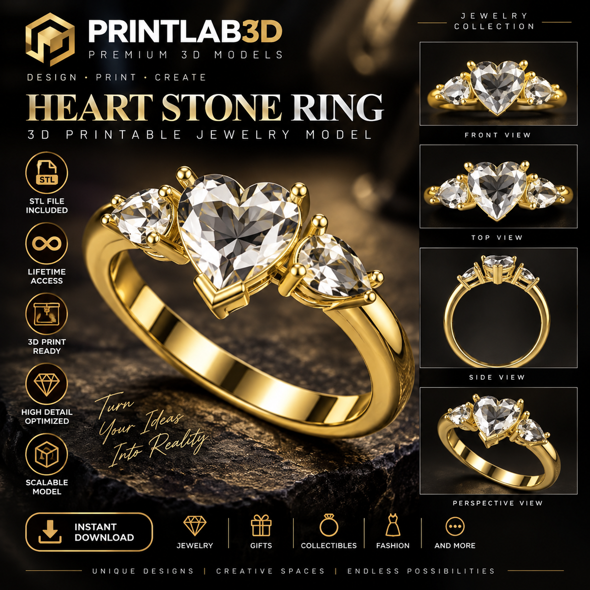 Heart Stone Ring STL – 3D Printable Three Stone Jewelry