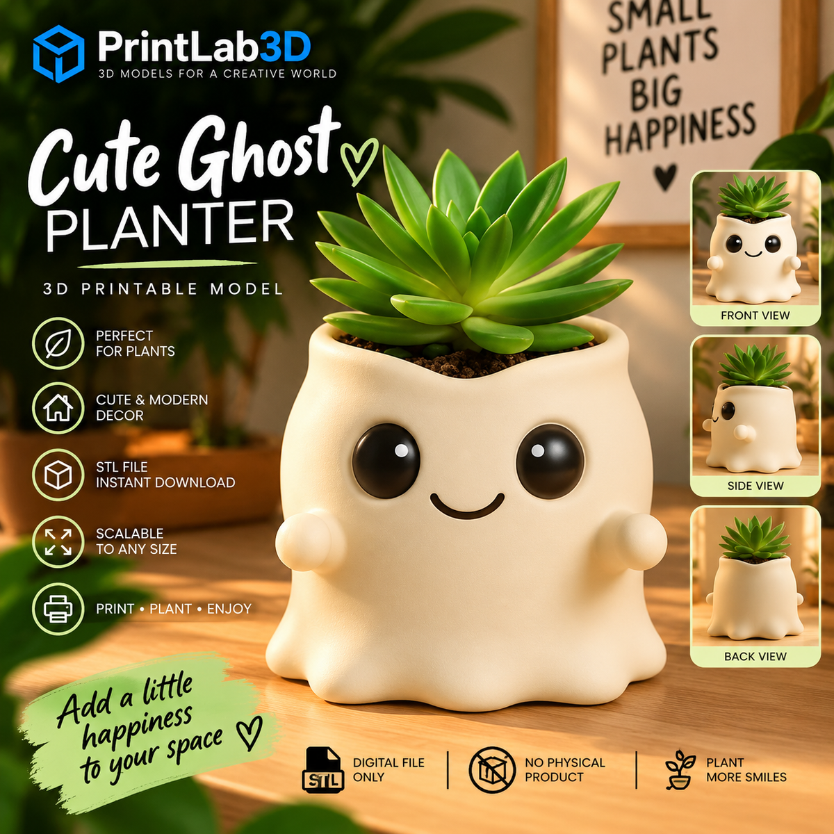 Kawaii Ghost Planter STL – Cute Succulent Pot | 3D Printable Planter