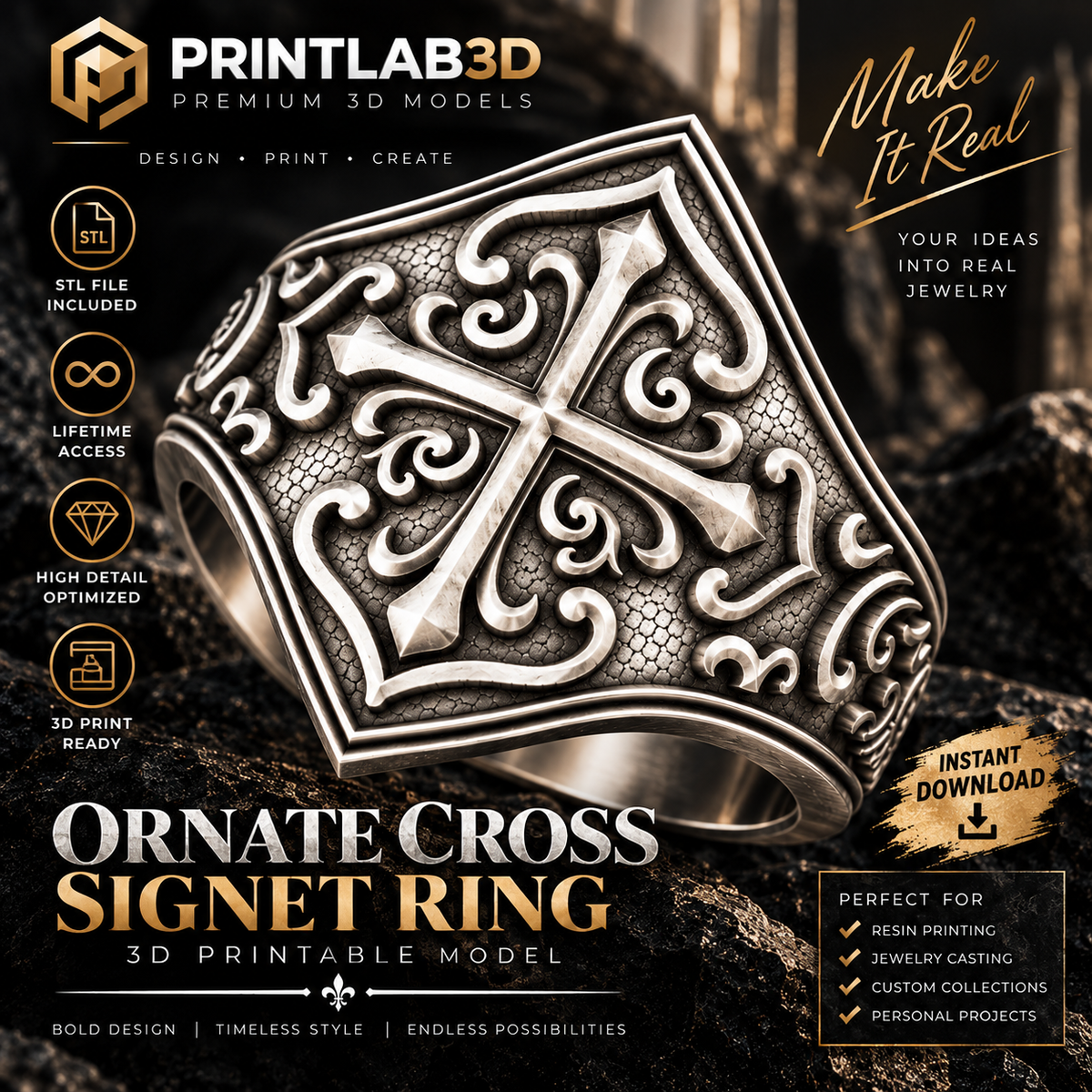 Ornate Cross Signet Ring STL – 3D Printable Jewelry