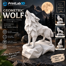 Geometric wolf 3D printable model showcasing a low poly design, howling with mountain backdrop, ideal for home decor.