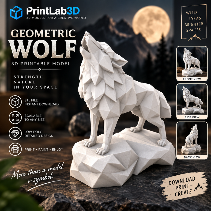 Geometric wolf 3D printable model showcasing a low poly design, howling with mountain backdrop, ideal for home decor.