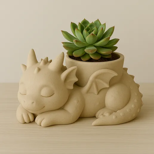 Sleeping Baby Dragon Planter STL – Cute 3D printed succulent pot featuring a sleeping dragon with succulent plant.