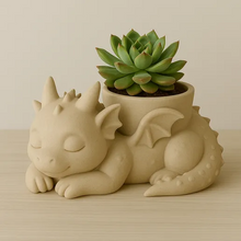 Sleeping Baby Dragon Planter STL – Cute 3D printed succulent pot featuring a sleeping dragon with succulent plant.